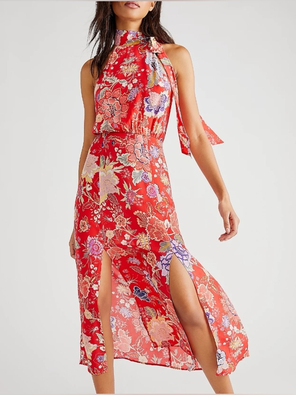 RIXO Valerie Floral Print Silk Crepe De Chine Halterneck Midi Dress Red Size XL